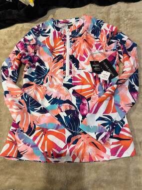 Island Escape Women's Tropical Print Half-Zip Long Sleeve Rashguard Swimsuit